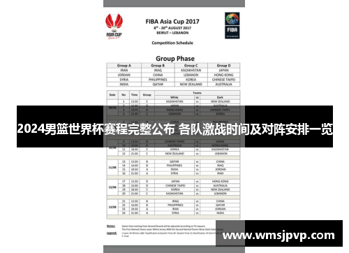 2024男篮世界杯赛程完整公布 各队激战时间及对阵安排一览